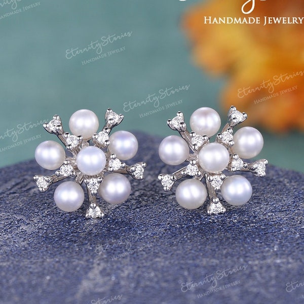 Vintage Pearl Earrings Stud Unique Flower Earrings Art Deco Diamond Wedding Earrings Ladies Solid Gold Bridal Jewelry Branches Gift For Her
