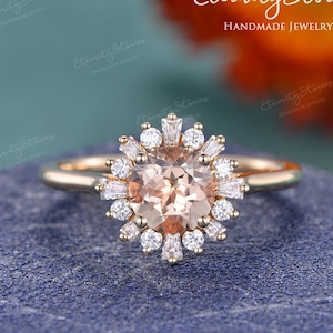 Oval Cut Morganite Engagement Ring Cocktail Ring Yellow Gold Women Baguette Cut Diamond/Moissanite Halo Morganite ring Flower Anniversary