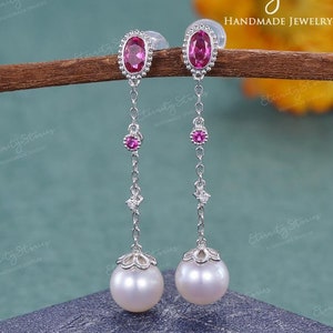 Pearl and Ruby Earrings Dangle Pearl Earrings Eardrop Art Deco Earrings Jewelry Lab Ruby Drop Earring Women Solid Rose Gold July Birthstone
