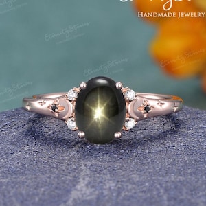Oval Star Sapphire Moon Engagement Ring Rose Gold Black Moissanite And Sapphire Ring Celestial Ring Starburst Ring Personalized Jewelry