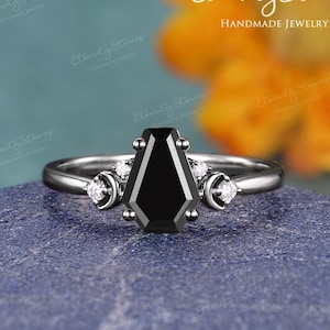 Black Gold Coffin Cut Black Onyx Ring Gothic Moon Engagement Ring Unique Solitaire Diamond Ring Witchy Ring Anniversary Gifts For Her