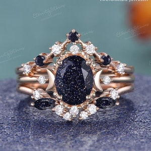Blue Sandstone Engagement Ring Sets Galaxy Crystal Rose Gold Engagement Ring Vintage Mystic Bridal Set Unique Star and Moon Wedding Ring Set