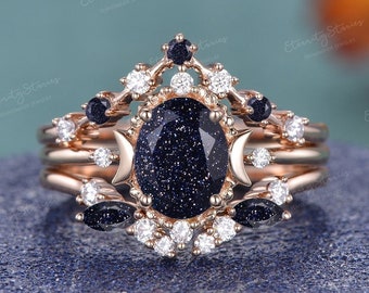 Blue Sandstone Engagement Ring Sets Galaxy Crystal Rose Gold Engagement Ring Vintage Mystic Bridal Set Unique Star and Moon Wedding Ring Set