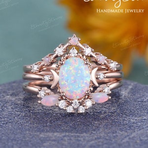 Opal Engagement Ring Set Vintage Opal Wedding Ring Set Woman Celestial Engagement Ring Bridal Set Unique Opal Ring Rose Gold Moon Ring Gift