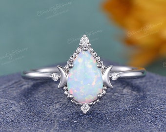 Pear Shaped Opal Engagement Ring White Gold Pear Fire Opal Ring Women Vintage Celestial Moon Ring Pear Art Dece Unique Wedding Ring Promise