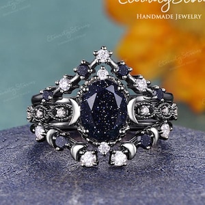 Galaxy Blue Sandstone Engagement Ring Set Black Gold Oval Sandstone Moissanite Ring Crescent Moon Ring Gothic Witchy Ring Promise Ring