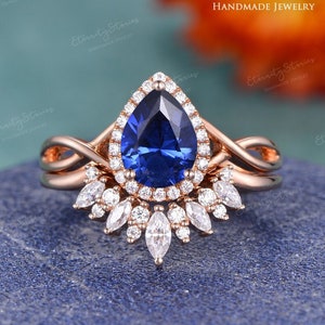 Infinity Blue Sapphire Engagement Ring Set Halo Rose Gold Vintage Pear Sapphire Bridal Set Marquise Wedding Ring Twisted Promise Ring Women