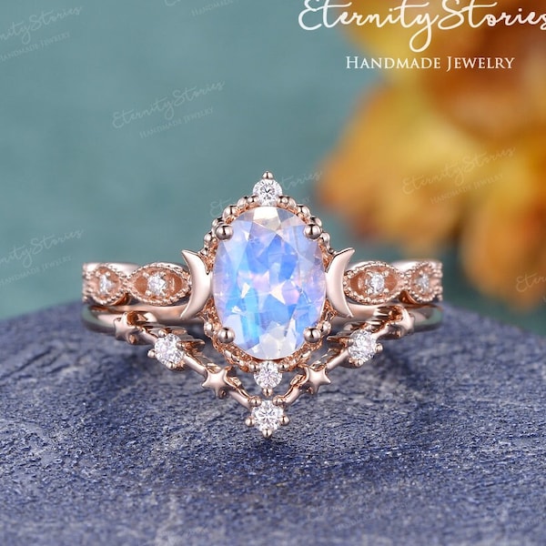 Art Deco Moonstone Engagement Ring Set Vintage Oval Cut Moon Women Rose Gold Wedding Ring Milgrain Celestial Ring Promise Ring