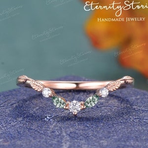 Marquise Moss Agate Wedding Band Women Leaf Ring Nature Inspired Ring Moissanite Curved stacking Ring Promise Ring Unique Anniversary Gift