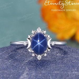 Star Sapphire Engagement Ring Oval Cut Galaxy Crystal Engagement Ring White Gold Ring Moon And Star Engagement Ring Women Ring Anniversary