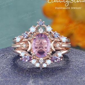 Fantasy Portrait Cut Amethyst Engagement Ring Set 3 PCS Star and Moon Ring Set Rose Gold Oval Crystal Ring Moonstone Ring Fairy Promise Ring