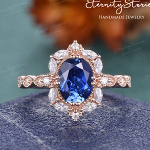 Vintage Blue Sapphire Engagement Ring Art Deco Rose Gold Oval Cut Lab Sapphire Wedding Ring Unique Diamond Halo Ring Milgrain Women Promise