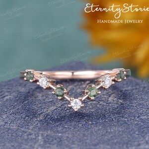 Curved Moss Agate Curved Wedding Band Vintage Moissanite Diamond Stacking Rings For Women Rose Gold Wedding Ring Custom Anniversary Rings