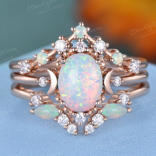 Vintage Moon Opal Engagement Ring Set Unique Celestial Moon - Etsy