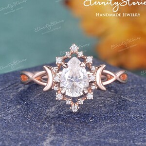 Bague de fiançailles poire moissanite bague halo infini en or rose massif bague lune torsadée bague vintage pour femme bague de promesse d&#39;anniversaire