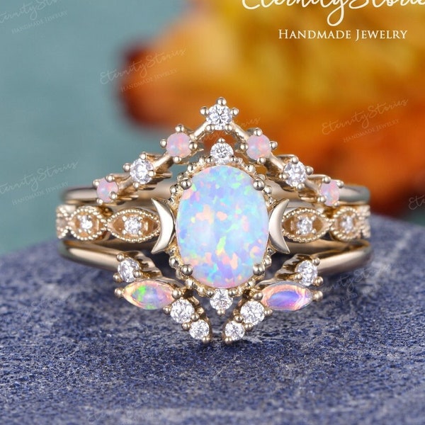 Rose Gold Engagement Ring Set Celestial Engagement Ring Opal Engagement Ring Moon Ring Set Opal Wedding Band Vintage Opal Ring Set Women 3pc