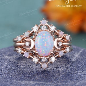 Opal Wedding Ring Set Woman Rose Gold Moon Engagement Ring Set Vintage Oval Opal Ring Celestial Engagement Ring Bridal Set Unique Ring Gift