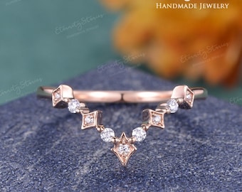 Anello nuziale curvo con diamanti Wandering Star, anello nuziale ispirato alla galassia Stargazer, anello nuziale in oro rosa giallo bianco 14K e 18K con diamanti Etoile