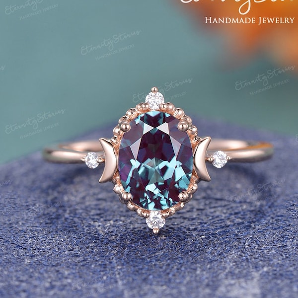 Vintage Moon Lab Alexandrite Engagement Ring Women Rose Gold Engagement Ring Oval Cut Alexandrite Ring Unique Milgrain Diamond Promise Ring