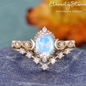 Art Deco Moonstone Engagement Ring Set Vintage Oval Cut Moon Women Rose Gold Wedding Ring Milgrain Celestial Ring Promise Ring
