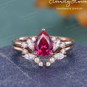 Pear Lab Ruby Engagement Ring Sets Marquise Moissanite Cluster Ring Unique Rose Gold Bridal Set Women Diamond Stacking Ring July Birthstone