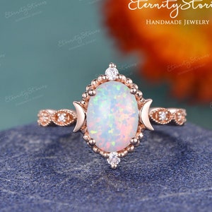 Art Deco Himmlischer Verlobungsring Unikat Opal Verlobungsring Vintage Mond Verlobungsring Frauen Rose Gold Milgrain Jahrestag Geschenk