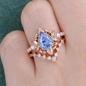 Vintage päron safir brudset fyrverkerislipad måne och stjärna förlovningsring Art Deco vigselring kvinnor unik himmelsk jubileumsgåva