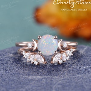 Unique Moon Opal Engagement Ring Set Rose Gold Vintage Lab Opal Wedding Set Bridal Ring Set Unique Open Wedding Band Celestial Ring Women