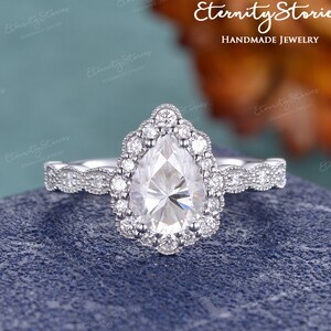 Pear Shaped Moissanite Engagement Ring Art Deco White Gold Wedding Ring Women Cluster Milgrain Half Eternity Halo Moissanite Ring Diamond