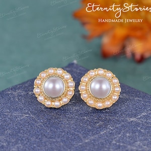 Akoya Pearl Earrings Stud Unique Flower Earrings Art Deco Vintage Delicate Pearl Halo Earrings Ladies Yellow Gold Anniversary Gift Milgrain