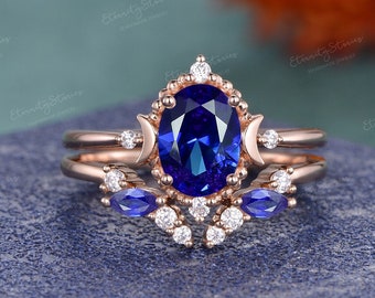 Vintage Oval Cut Blue Sapphire Engagement Ring Set Women Celestial Moon Engagement Ring Milgrain Rose Gold Bridal Sets Open Wedding Band