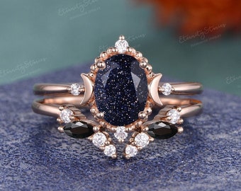 Moon Galaxy Crystal Engagement Ring Rose Gold Blue Sandstone Engagement Ring Set Vintage Mystic Bridal Set Marquise Black Onyx Open Band
