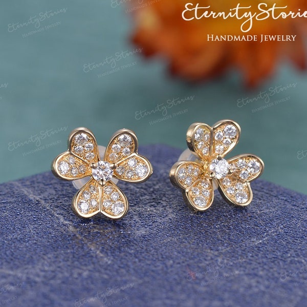 Unique Clover Earrings Heart Shaped Stud Earrings Diamond Stud Earrings Stud Solid Yellow Gold Earrings Woman leaf Anniversary Gift for Her