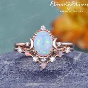 Oval Cut Opal Bridal Sets Celestial Moon Engagement Ring Women Vintage Ring Rose Gold Opal Wedding Set Milgrain Vintage Anniversary Gift