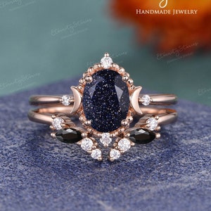 Moon Galaxy Crystal Engagement Ring Rose Gold Blue Sandstone Engagement Ring Set Vintage Mystic Bridal Set Marquise Black Onyx Open Band
