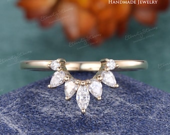 Moissanite Wedding Ring Enhance Curved Wedding Bands Women Yellow Gold Marquise Cut Half Halo 14K Personalized Gift Leaf Custom Made
