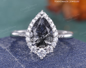 Pear Cut Black Salt and Pepper Crystal Ring Black Rutilated Quartz Engagement Ring White Gold Vintage Diamond Halo Ring Wedding Promise Ring
