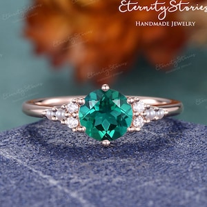 Emerald and Pearl Ring Round Cut Lab Emerald Engagement Ring Cluster Pearl Wedding Ring Rose Gold Crown Promise Ring Women May Birthstone