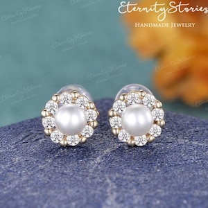 Akoya Pearl Earrings Halo Moissanite Earrings Stud White Gold Earrings Flower Earrings Delicate Women Earrings June Birthstone Unique Gift