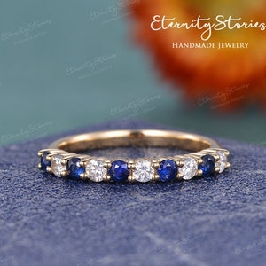 Round Cut Sapphire Wedding Band Half Eternity Yellow Gold Wedding Band Women Stacking Moissanite Ring Anniversary Gift September Birthstone
