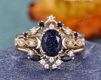 Blue Sandstone Engagement Ring Set Galaxy Crystal Engagement Ring Moon Wedding Set Vintage Art Deco Rose Gold Bridal Set Celestial Ring Gift