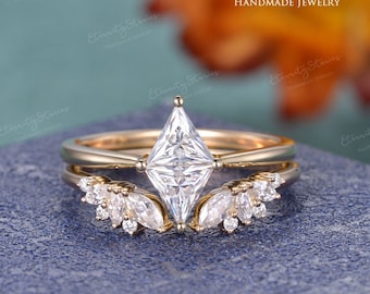 1.5ct Rhombus Moissanite Engagement Ring Set Double Triangle Moissanite Bridal Set Kite Shaped Rose Gold Unique Open Wedding Ring Gift Women