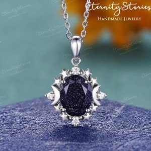 Vintage Oval Shaped Blue Sandstone Necklace White Gold Necklace Women Jewelry Moon And Stone Necklace Pendants Anniversary Gift For Her