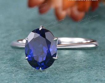 Blue Sapphire Solitaire Ring Oval Lab Sapphire Engagement Ring White Gold Wedding Bridal Ring Simple Promise Ring Vine Prong Tapered Band