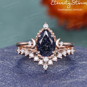 Blue Sandstone Wedding Ring Set Celestial Engagement Ring Galaxy Crystal Ring Vintage Moon Engagement Ring Rose Gold Bridal Ring Sets Women