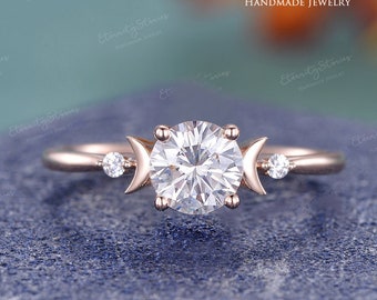 Unique Moon Engagement Ring 1.0ct Round Cut Moissanite Engagement Ring Women Vintage Rose Gold Celestial Wedding Ring Diamond Promise Ring