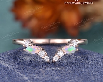 Natural Opal Wedding Bands Unique Open Curved Wedding Band Women Moissanite Rose Gold Ring Enhancer Custom Make Stackable October Birthstone