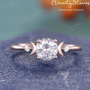 Unique Moon Engagement Ring 1.0ct Round Cut Moissanite Engagement Ring Women Vintage Rose Gold Celestial Wedding Ring Diamond Promise Ring