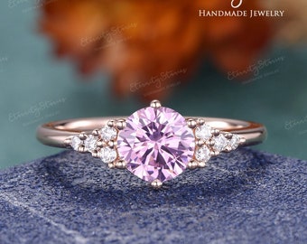 Pink Moissanite Engagement Ring Round Cut Pink Moissanite Rose Gold Engagement Ring Classic Wedding Ring Women Diamond Cluster Promise Ring