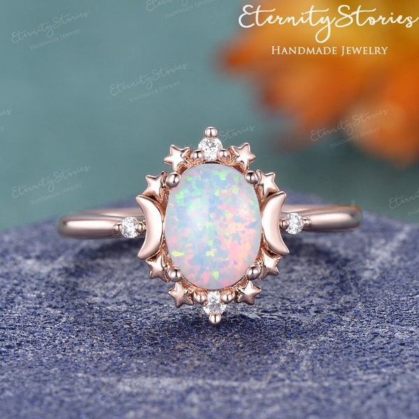 Vintage Moon and Star Ring Celestial Engagement Ring Oval Cut Opal Engagement Ring Women Rose Gold Cabochon Opal Wedding Ring Promise Ring